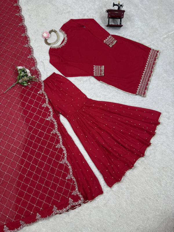 Pink Faux Georgette Thread & Sequin Embroidered Sharara Set with Dupatta ClothsVilla