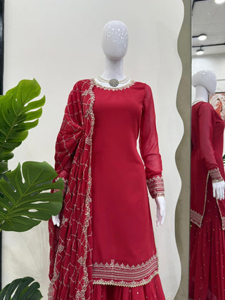 Pink Faux Georgette Thread & Sequin Embroidered Sharara Set with Dupatta ClothsVilla