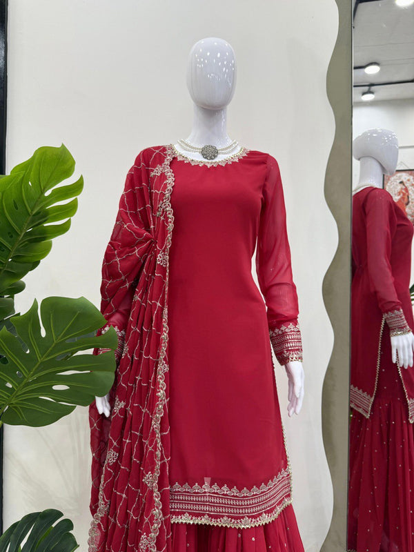 Pink Faux Georgette Thread & Sequin Embroidered Sharara Set with Dupatta ClothsVilla