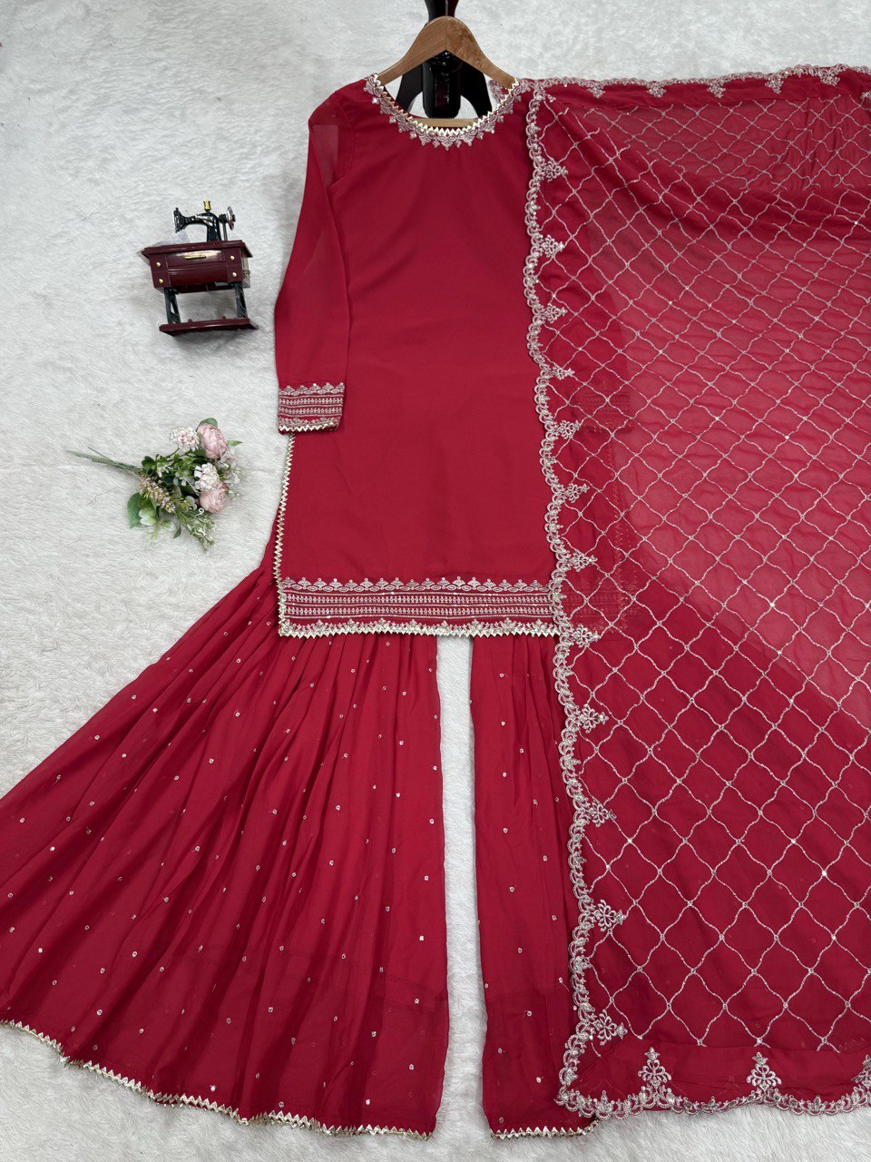 Pink Faux Georgette Thread & Sequin Embroidered Sharara Set with Dupatta ClothsVilla
