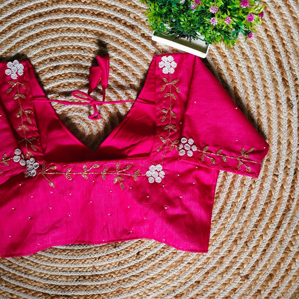 Pink Festival Wear Blouse in Assami Silk with Handcrafted Golden and Pearl Work ClothsVilla