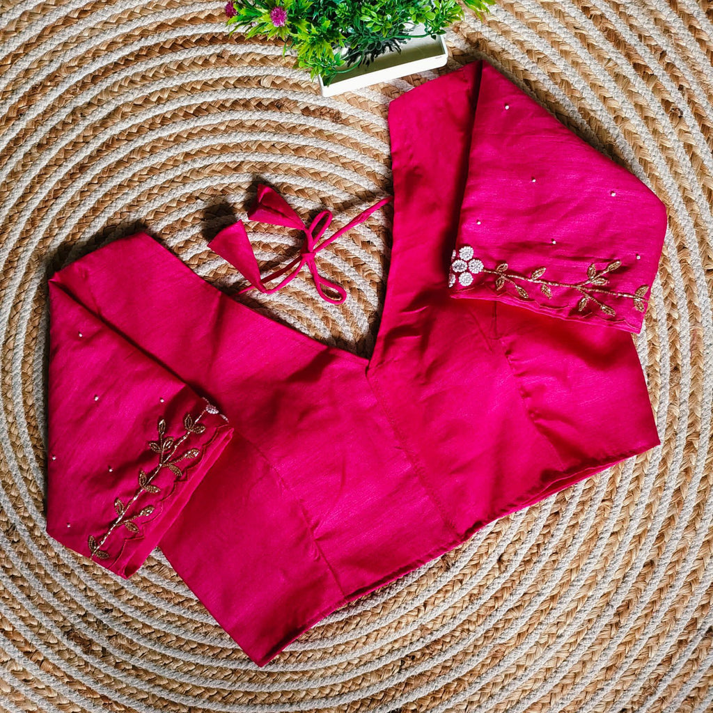 Pink Festival Wear Blouse in Assami Silk with Handcrafted Golden and Pearl Work ClothsVilla