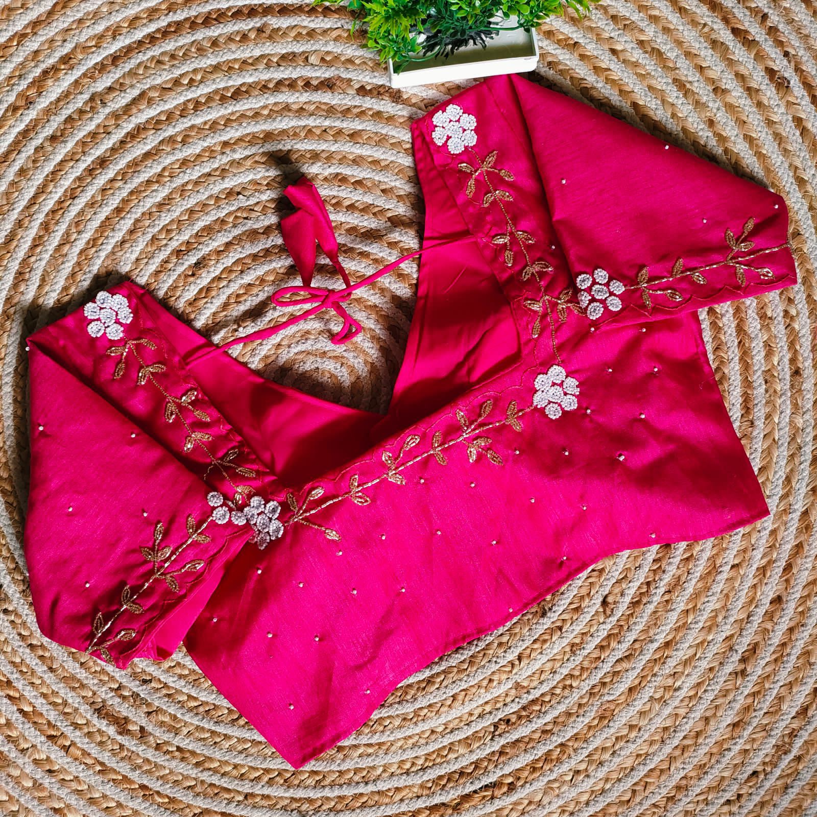 Pink Festival Wear Blouse in Assami Silk with Handcrafted Golden and Pearl Work Secondary image