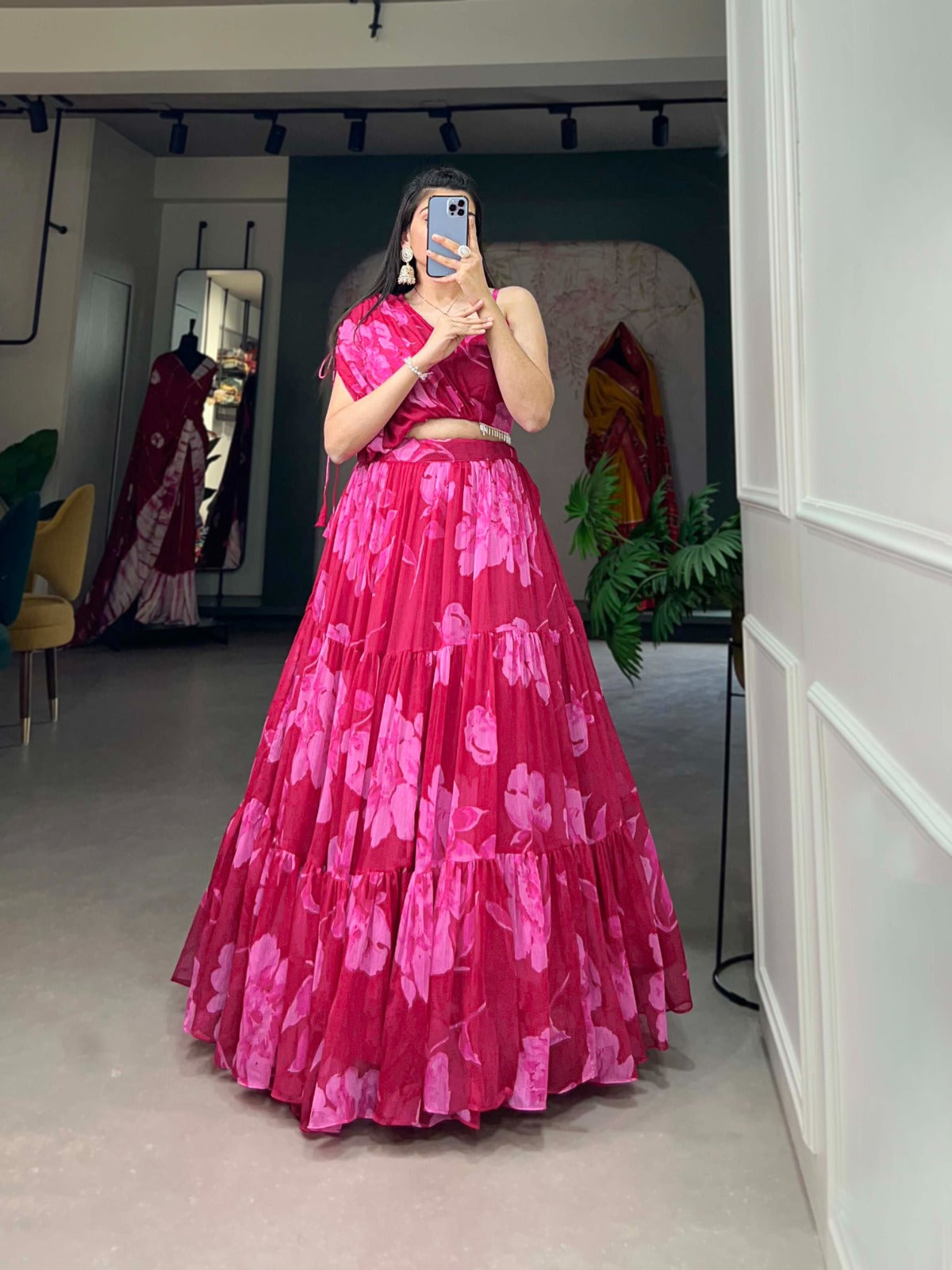 Pink Floral Chiffon Lehenga Co-ord Set ClothsVilla