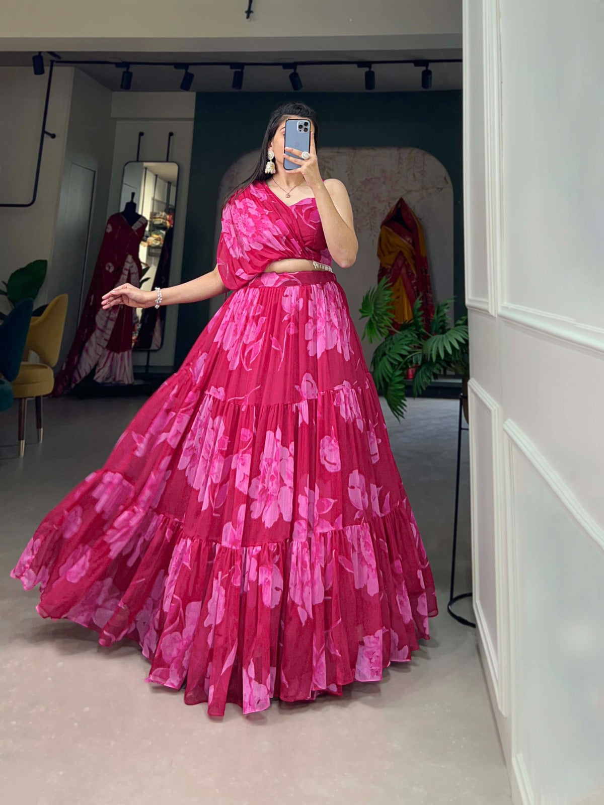 Pink Floral Chiffon Lehenga Co-ord Set ClothsVilla Main image