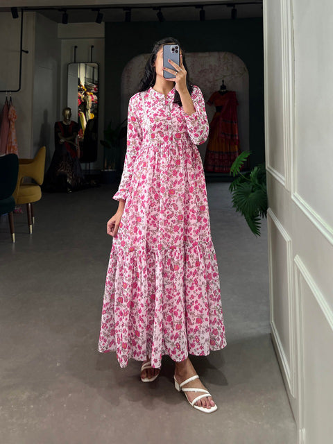 Pink Floral Georgette Frock in Modern Ethnic Style ClothsVilla Main image