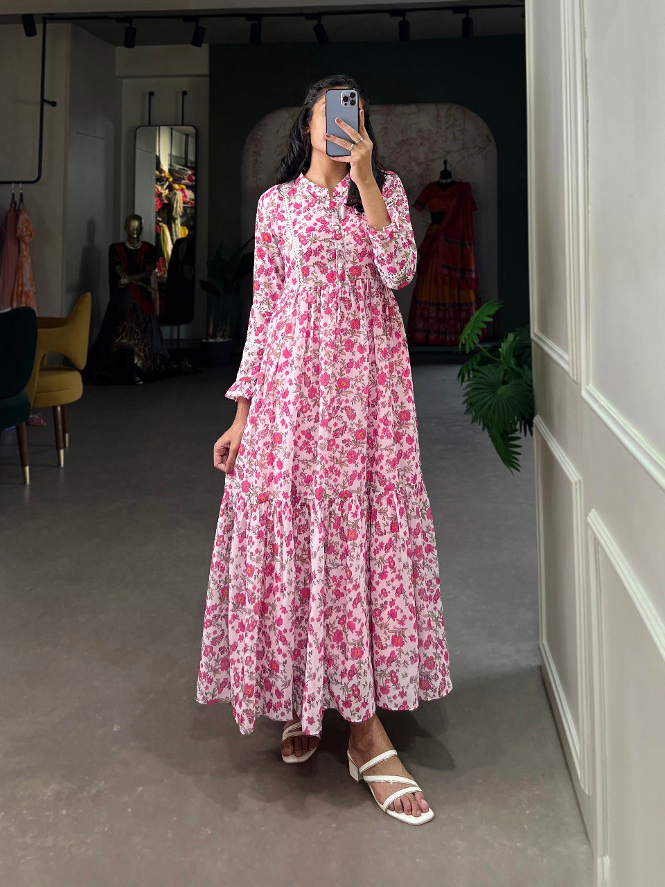 Pink Floral Georgette Frock in Modern Ethnic Style ClothsVilla Main image