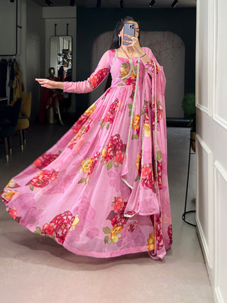 Pink Floral Print Chiffon Stitched Gown with Lace Touch-Up & Designer Dupatta – Full Flair Partywear Gown for Women ClothsVilla