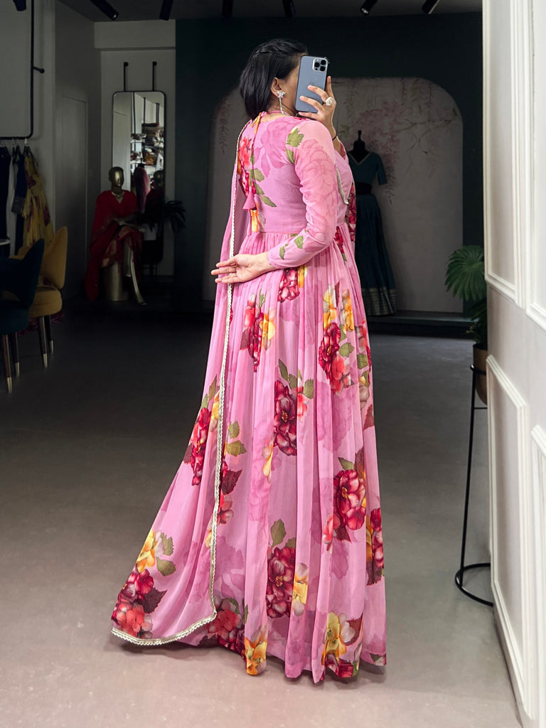 Pink Floral Print Chiffon Stitched Gown with Lace Touch-Up & Designer Dupatta – Full Flair Partywear Gown for Women ClothsVilla
