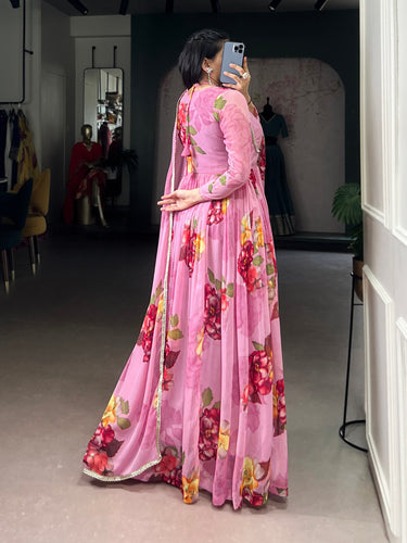 Pink Floral Print Chiffon Stitched Gown with Lace Touch-Up & Designer Dupatta – Full Flair Partywear Gown for Women ClothsVilla