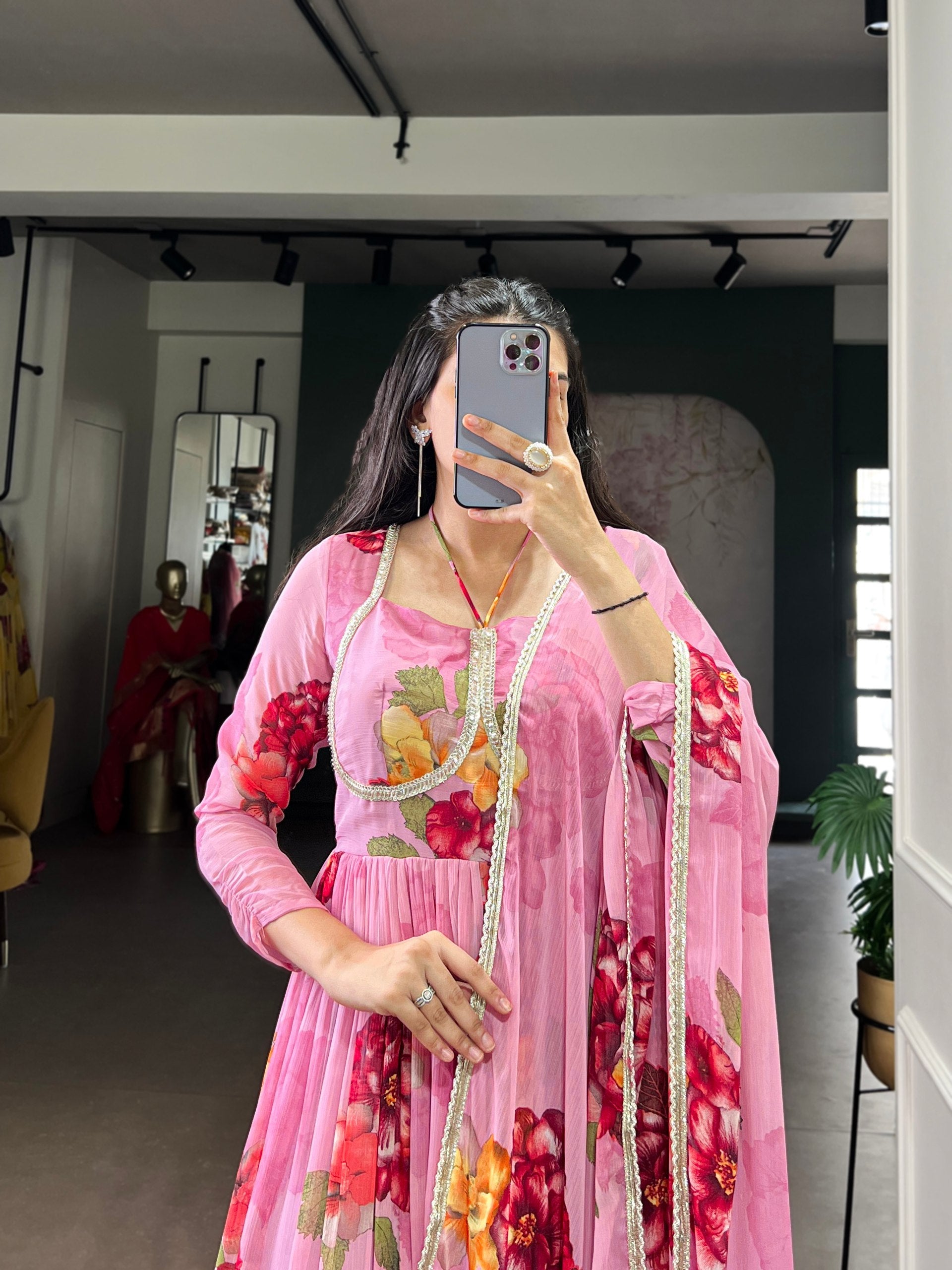 Pink Floral Print Chiffon Stitched Gown with Lace Touch-Up & Designer Dupatta – Full Flair Partywear Gown for Women ClothsVilla
