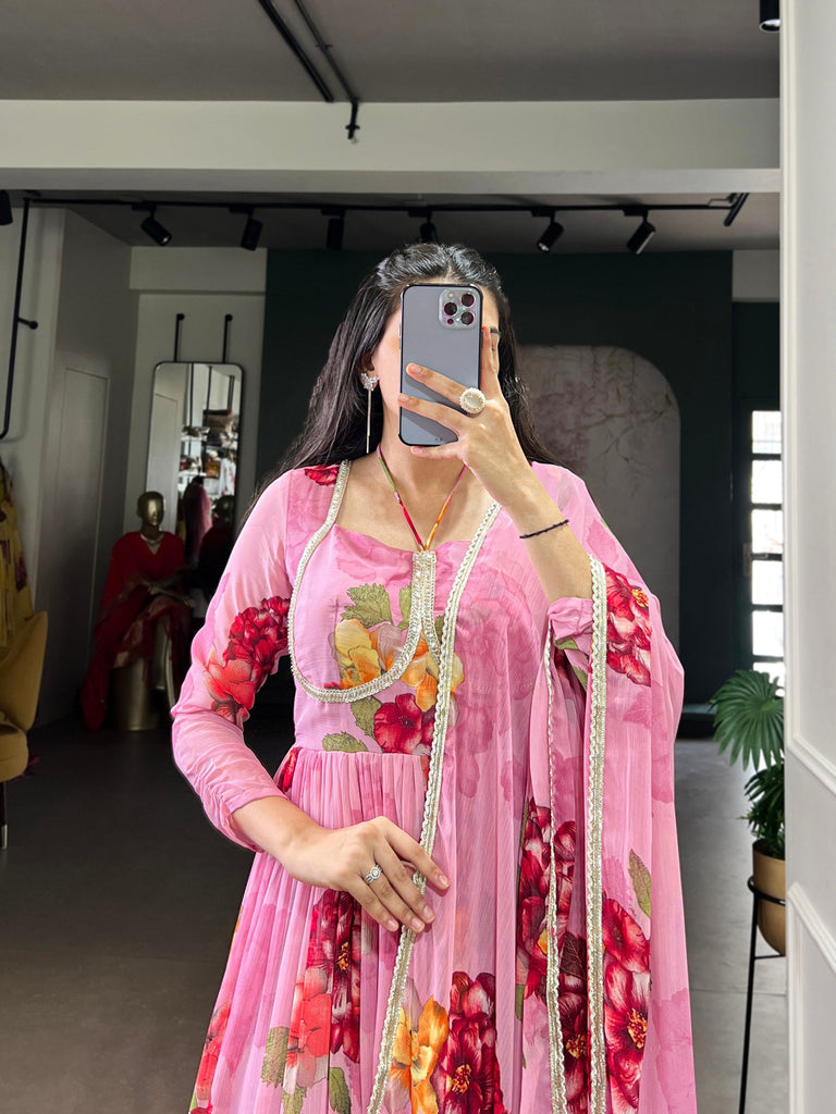 Pink Floral Print Chiffon Stitched Gown with Lace Touch-Up & Designer Dupatta – Full Flair Partywear Gown for Women ClothsVilla