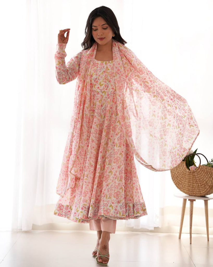 Pink Floral Print Heavy Chiffon Anarkali Set with Potli Neck, Dupatta & Pants ClothsVilla