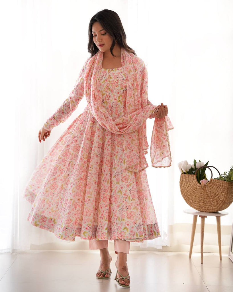 Pink Floral Print Heavy Chiffon Anarkali Set with Potli Neck, Dupatta & Pants ClothsVilla