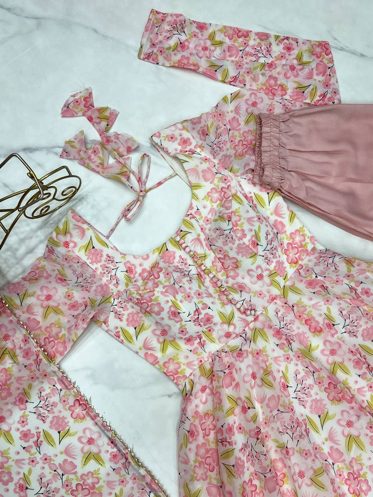 Pink Floral Print Heavy Chiffon Anarkali Set with Potli Neck, Dupatta & Pants ClothsVilla