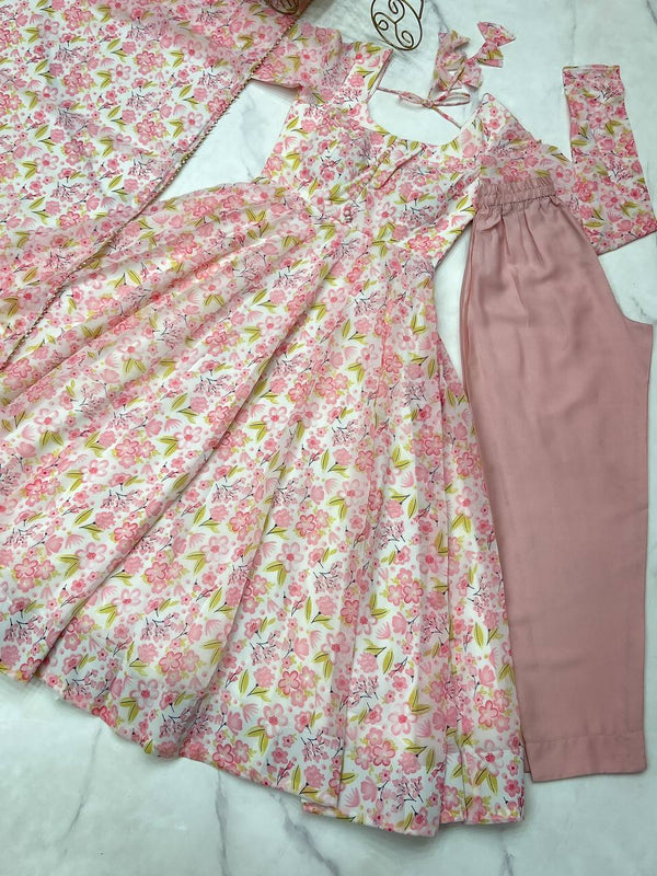 Pink Floral Print Heavy Chiffon Anarkali Set with Potli Neck, Dupatta & Pants ClothsVilla