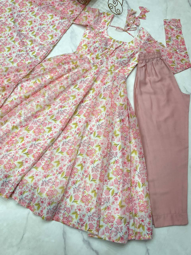 Pink Floral Print Heavy Chiffon Anarkali Set with Potli Neck, Dupatta & Pants ClothsVilla