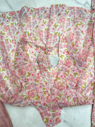 Pink Floral Print Heavy Chiffon Anarkali Set with Potli Neck, Dupatta & Pants ClothsVilla