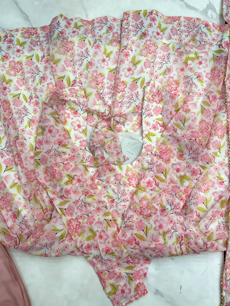Pink Floral Print Heavy Chiffon Anarkali Set with Potli Neck, Dupatta & Pants ClothsVilla