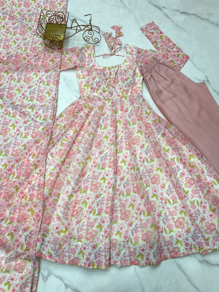Pink Floral Print Heavy Chiffon Anarkali Set with Potli Neck, Dupatta & Pants ClothsVilla