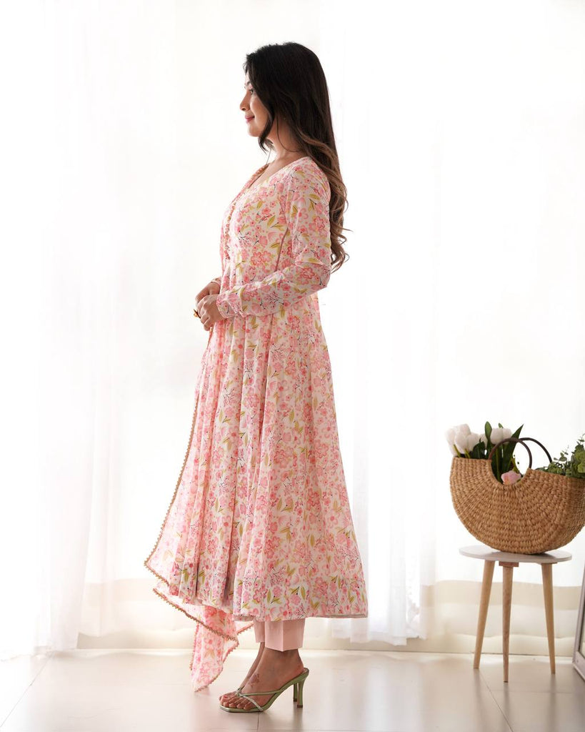 Pink Floral Print Heavy Chiffon Anarkali Set with Potli Neck, Dupatta & Pants ClothsVilla