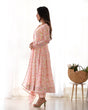Load image into Gallery viewer, Pink Floral Print Heavy Chiffon Anarkali Set with Potli Neck, Dupatta &amp; Pants ClothsVilla