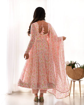 Pink Floral Print Heavy Chiffon Anarkali Set with Potli Neck, Dupatta & Pants ClothsVilla