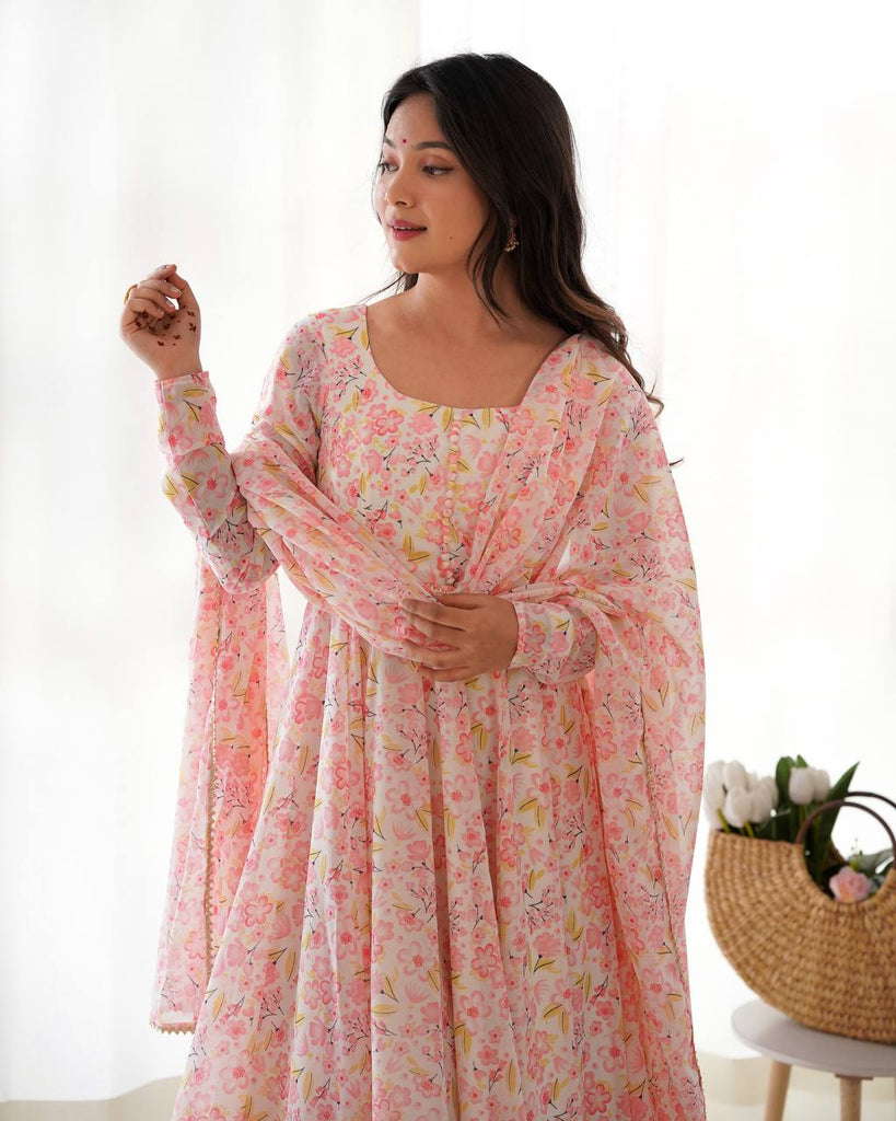 Pink Floral Print Heavy Chiffon Anarkali Set with Potli Neck, Dupatta & Pants ClothsVilla