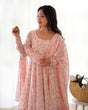 Load image into Gallery viewer, Pink Floral Print Heavy Chiffon Anarkali Set with Potli Neck, Dupatta &amp; Pants ClothsVilla