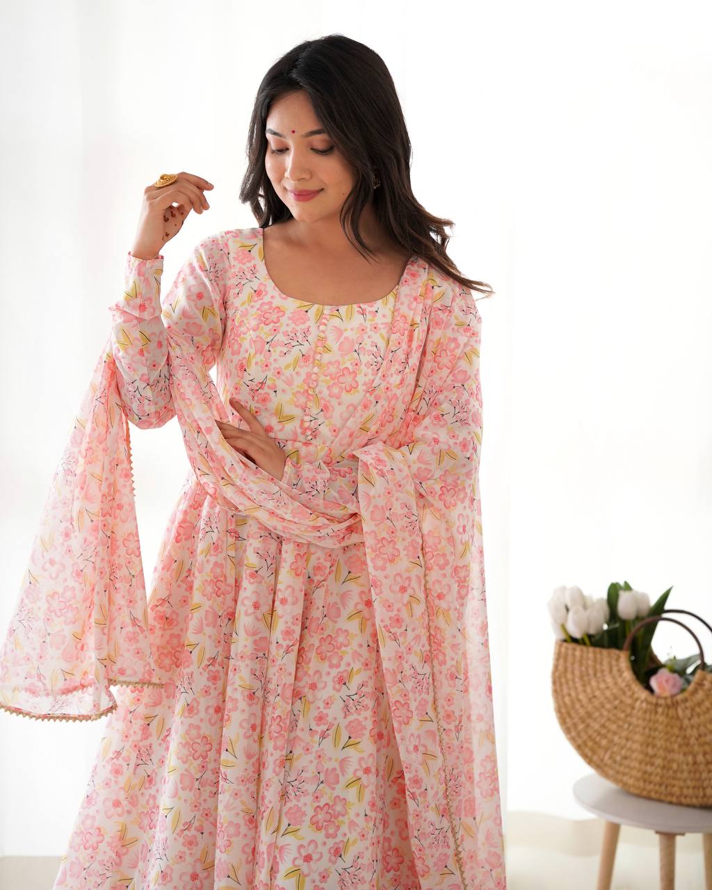 Pink Floral Print Heavy Chiffon Anarkali Set with Potli Neck, Dupatta & Pants ClothsVilla