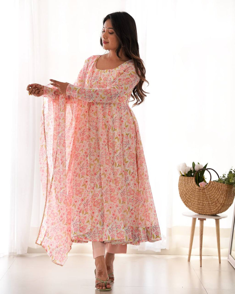 Pink Floral Print Heavy Chiffon Anarkali Set with Potli Neck, Dupatta & Pants ClothsVilla