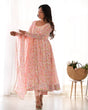 Load image into Gallery viewer, Pink Floral Print Heavy Chiffon Anarkali Set with Potli Neck, Dupatta &amp; Pants ClothsVilla