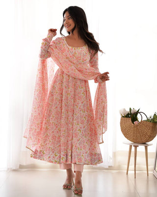 Pink Floral Print Heavy Chiffon Anarkali Set with Potli Neck, Dupatta & Pants ClothsVilla