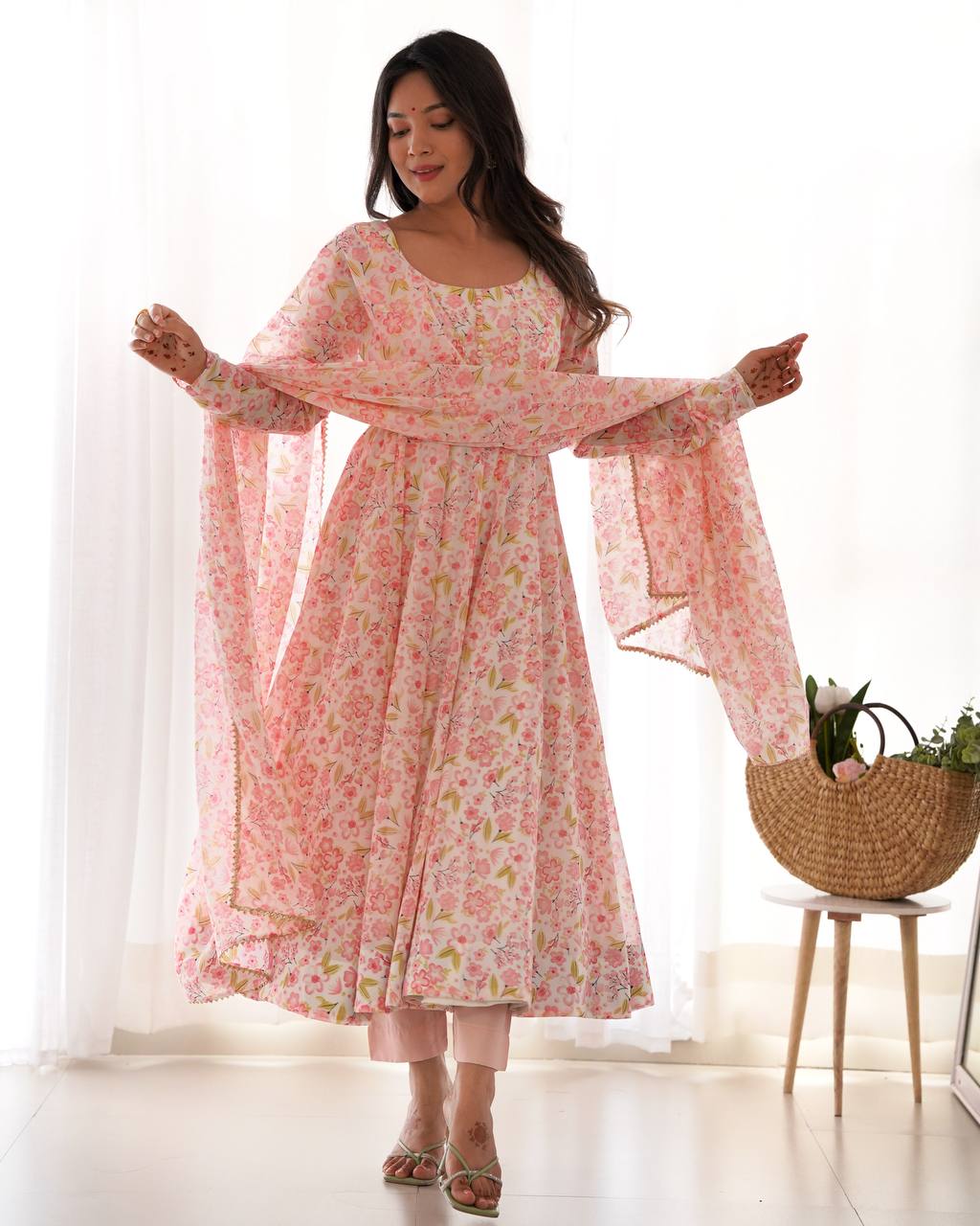 Pink Floral Print Heavy Chiffon Anarkali Set with Potli Neck, Dupatta & Pants ClothsVilla Main image