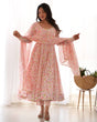 Load image into Gallery viewer, Pink Floral Print Heavy Chiffon Anarkali Set with Potli Neck, Dupatta &amp; Pants ClothsVilla