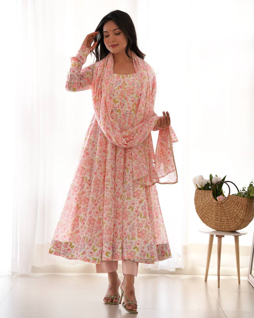 Pink Floral Print Heavy Chiffon Anarkali Set with Potli Neck, Dupatta & Pants ClothsVilla