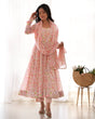 Load image into Gallery viewer, Pink Floral Print Heavy Chiffon Anarkali Set with Potli Neck, Dupatta &amp; Pants ClothsVilla