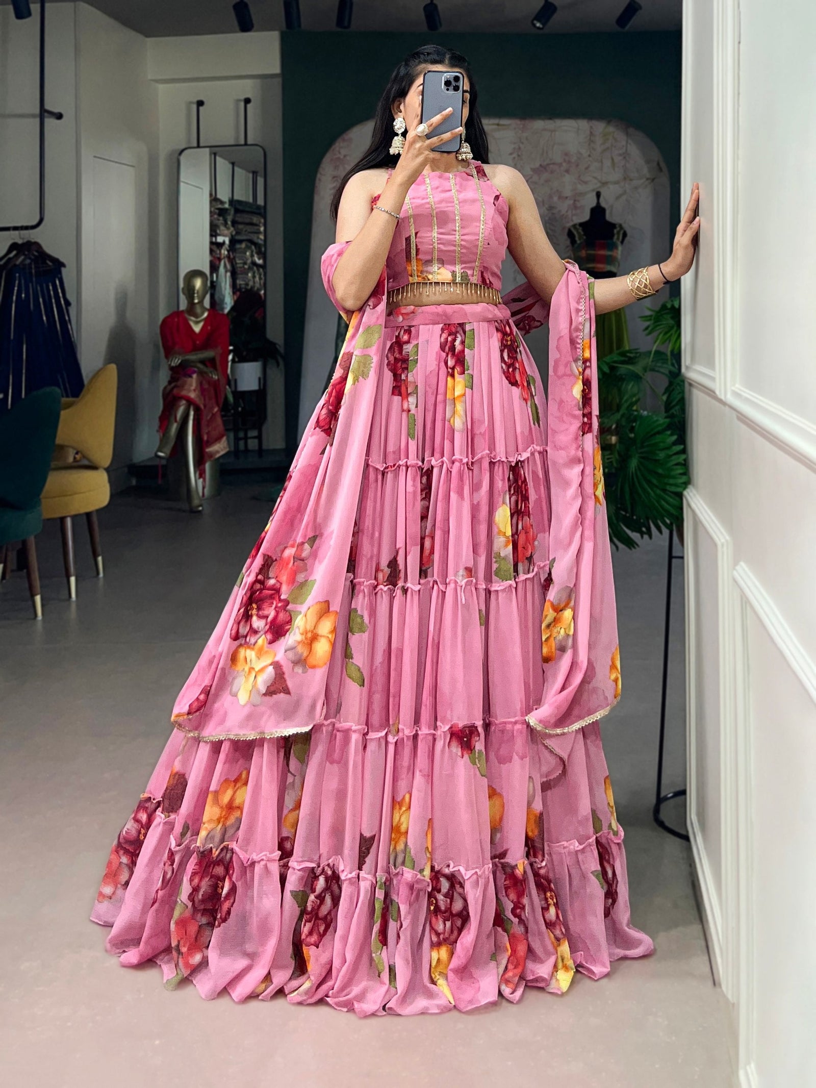 Pink Floral Print Lehenga Set ClothsVilla