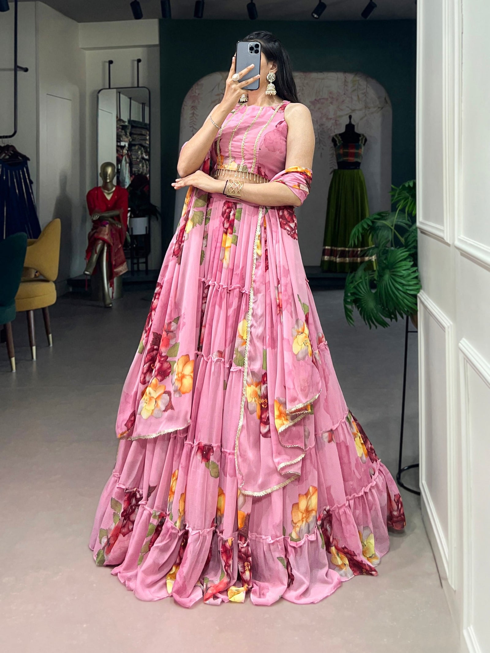 Pink Floral Print Lehenga Set ClothsVilla
