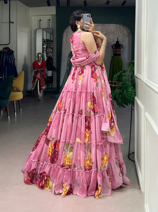 Pink Floral Print Lehenga Set ClothsVilla