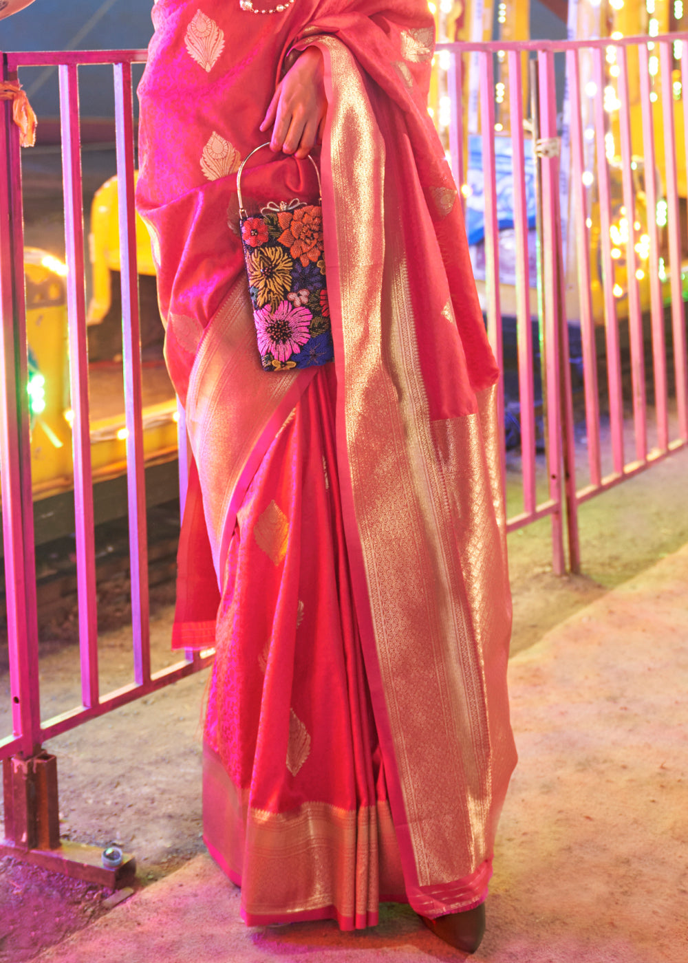 Pink Floral Printed Banarasi Silk Saree with Zari Woven Pallu ClothsVilla