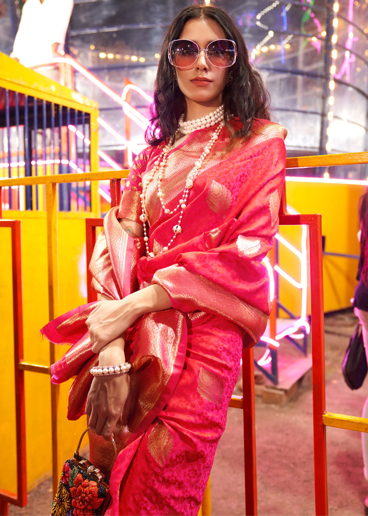 Pink Floral Printed Banarasi Silk Saree with Zari Woven Pallu ClothsVilla