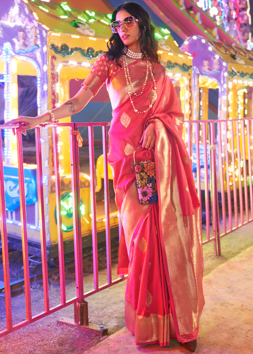 Pink Floral Printed Banarasi Silk Saree with Zari Woven Pallu ClothsVilla