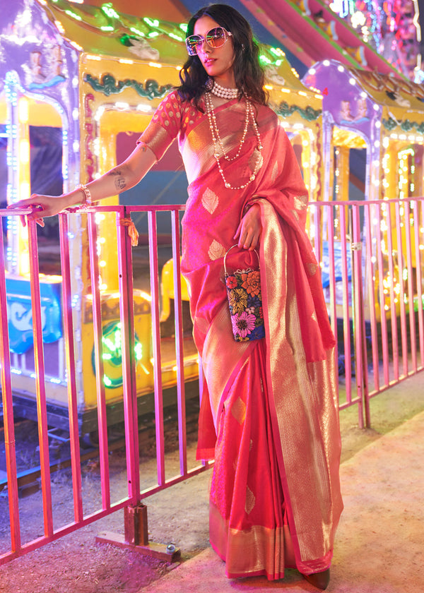 Pink Floral Printed Banarasi Silk Saree with Zari Woven Pallu ClothsVilla