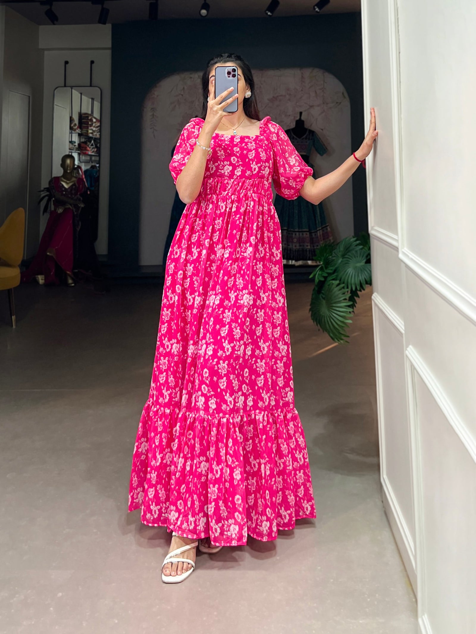 Pink Floral Printed Georgette Gown – Elegant and Timeless Charm