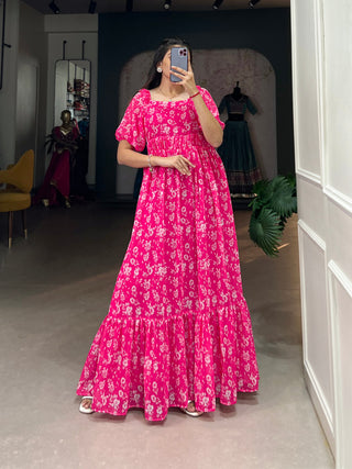 Pink Floral Printed Georgette Gown – Elegant and Timeless Charm