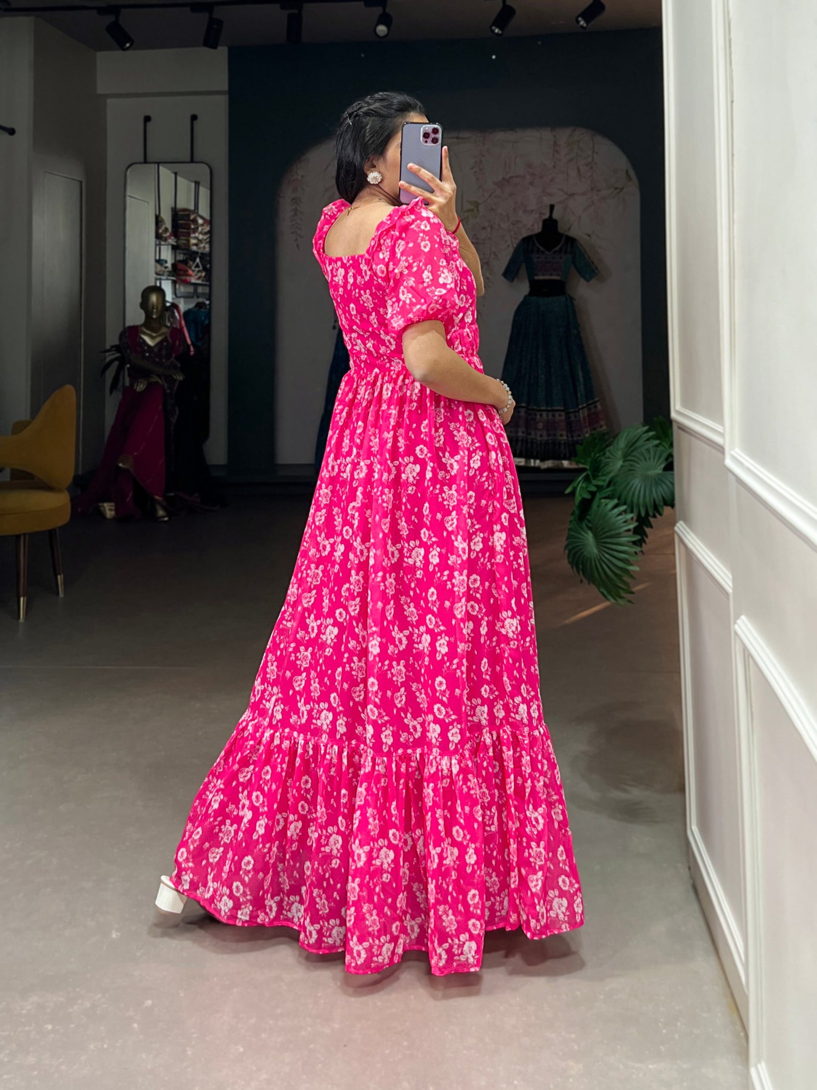 Pink Floral Printed Georgette Gown – Elegant and Timeless Charm