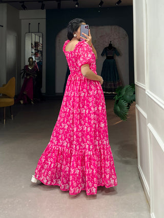 Pink Floral Printed Georgette Gown – Elegant and Timeless Charm
