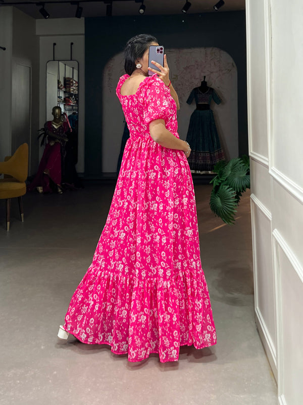 Pink Floral Printed Georgette Gown – Elegant and Timeless Charm