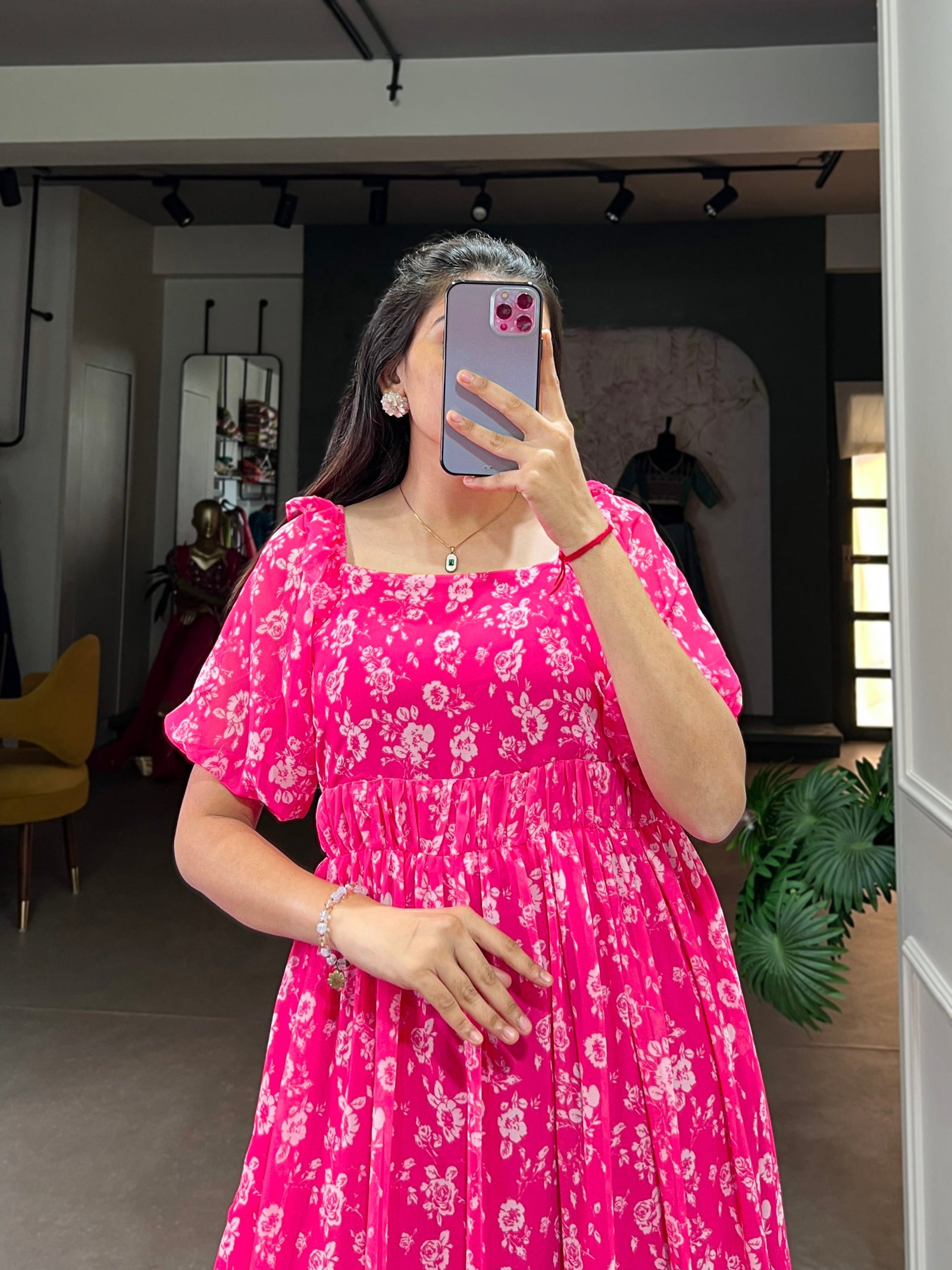 Pink Floral Printed Georgette Gown – Elegant and Timeless Charm